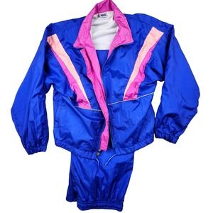 Vintage 80s 90s Windbreaker Tracksuit Asics Medium Blue Pink Colorblock Nylon